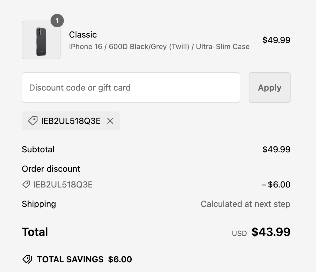 Pitaka checkout with discount code applied showing $6 savings