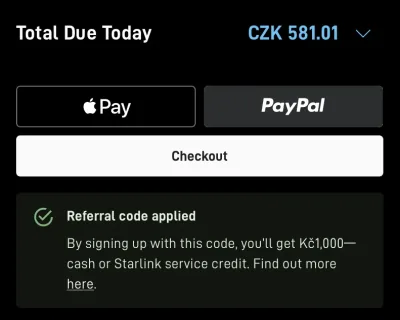 Pokladna Starlink: Referral code applied, odměna 1 000 Kč v penězích nebo kreditu