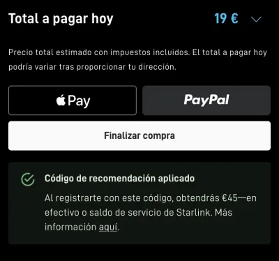 Pago de Starlink: código de recomendación aplicado, 45 € en efectivo o saldo de servicio