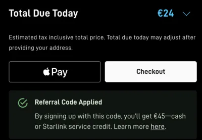 Starlink košarica: kod za preporuku primijenjen, 45 € u novcu ili kao kredit za uslugu