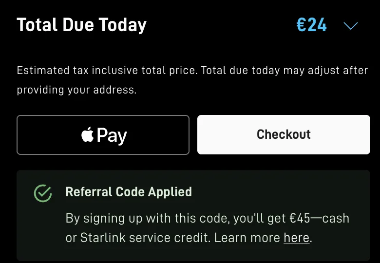 Starlink košarica: kod za preporuku primijenjen, 45 € u novcu ili kao kredit za uslugu