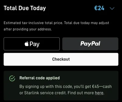 Starlink checkout: Referral code applied, you’ll get €45 – cash or Starlink service credit