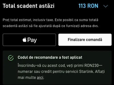 Coș Starlink: codul de recomandare a fost aplicat, 230 lei numerar sau credit pentru servicii