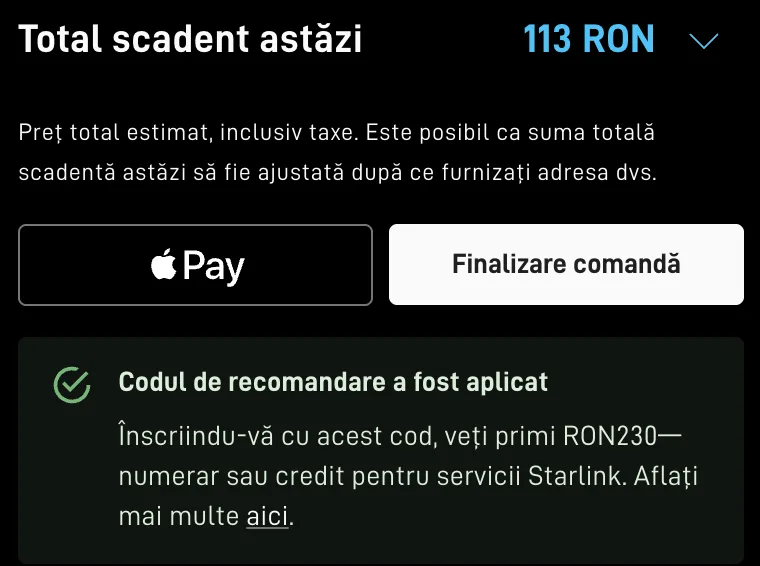 Coș Starlink: codul de recomandare a fost aplicat, 230 lei numerar sau credit pentru servicii